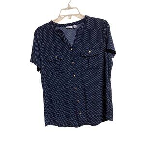 Croft & Barrow Womens Polka Dot Button-Down Blouse Size M Navy Blue & White JB-1